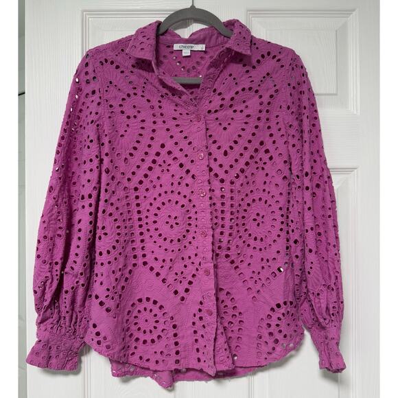 Chico's Women's 100%Cotton Purple Pink Eyelet Long Sleeve Shirt Size 8 - Picture 1 of 13